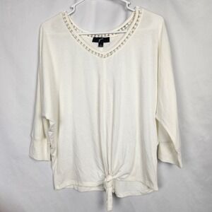GNW Womens 3/4 Sleeve Tie-Front Crochet Neckline Blouse Top White‎ Size Small